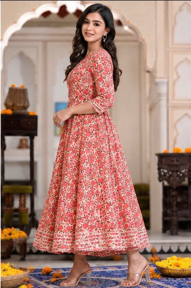 Cotton Printed Anarkali Kurti for Women (Red, M)