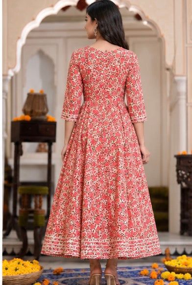 Cotton Printed Anarkali Kurti for Women (Red, M)