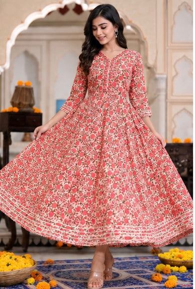 Cotton Printed Anarkali Kurti for Women (Red, M)